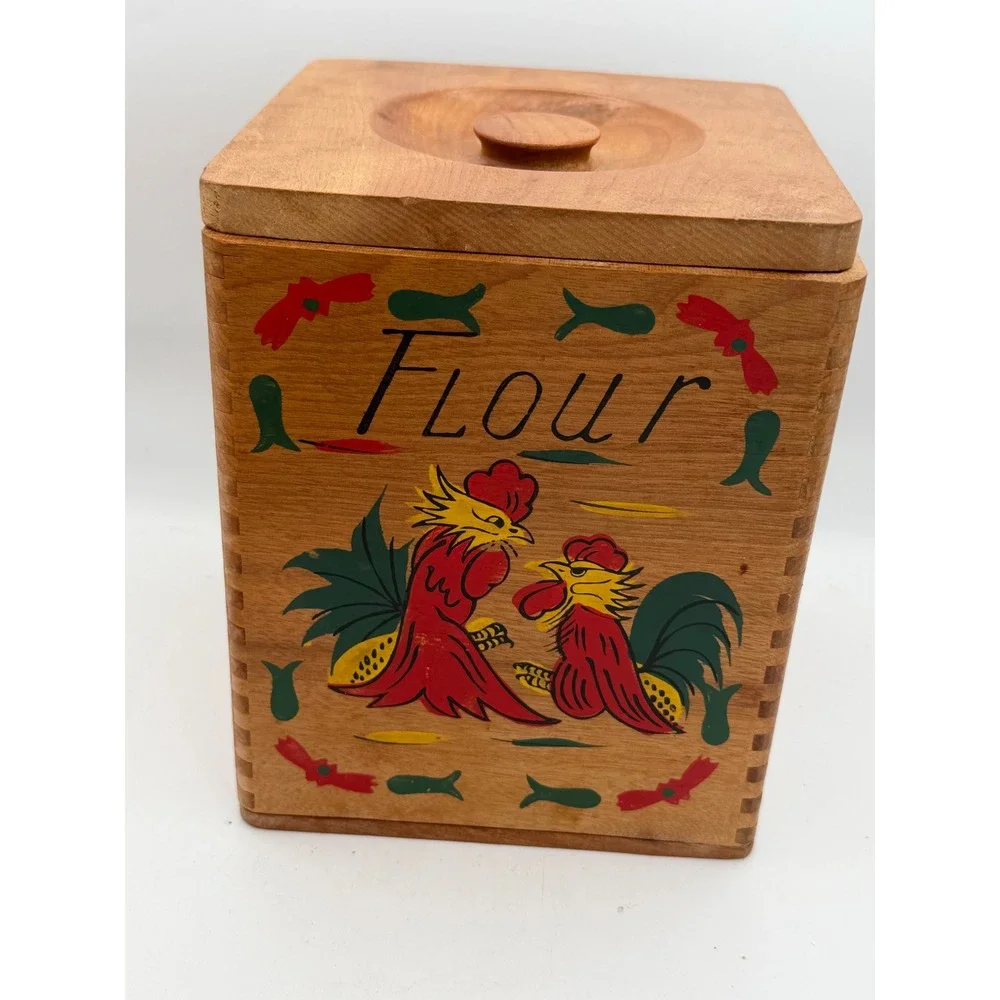 Vintage 50s Wooden Rooster Canister Set HandPainted Mid-Century Japan Kitsch